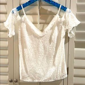WHBM Beautiful Ecru Lace Cold Shoulder Blouse